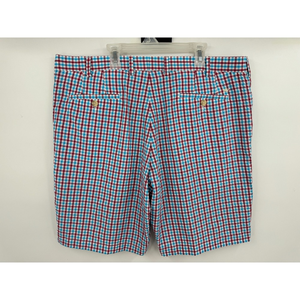 Peter Millar Featherweight Mens 38 Gingham Seersucker Shorts Red Blue White - Picture 4 of 8